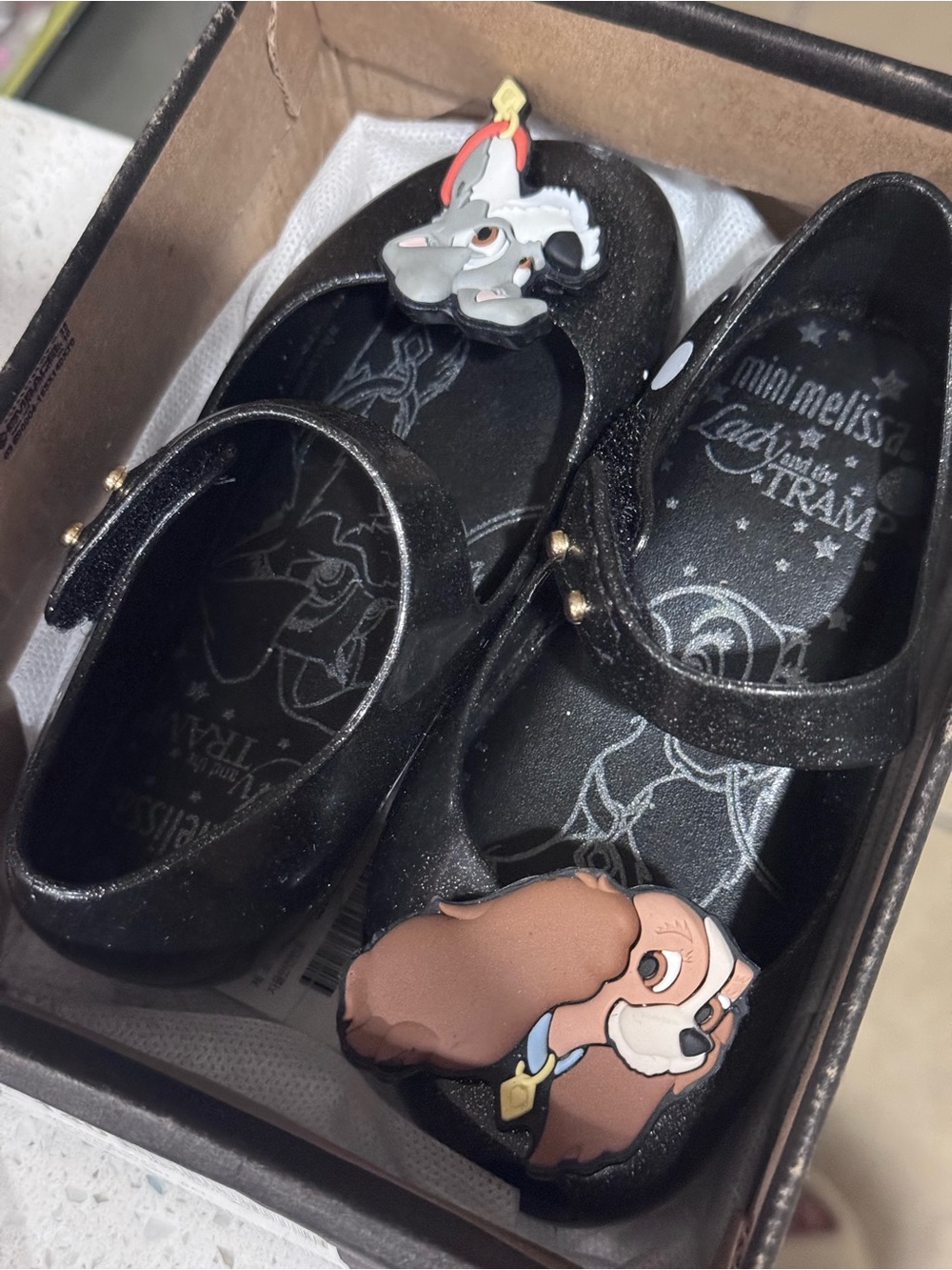 Mini Melissa Black Glitter Mary Jane Shoes with Lady & the Tramp Charms